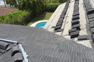 Roof shingles on a roof stacked togather